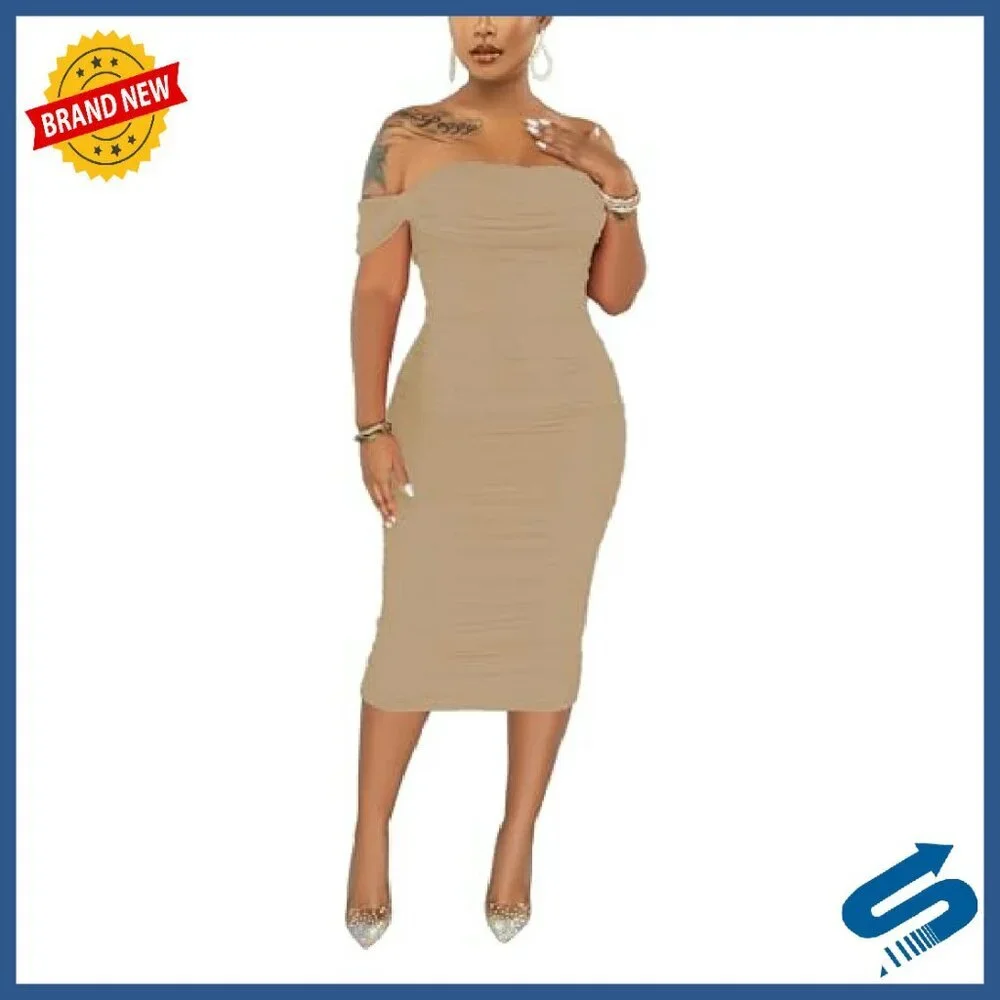 Off Shoulder Ruched Bodycon Midi Dress Cocktail Party Night Out - Picture 2 of 7